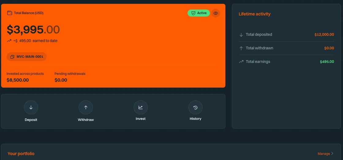 The wallet page, showing the balance and the published deposit addresses.